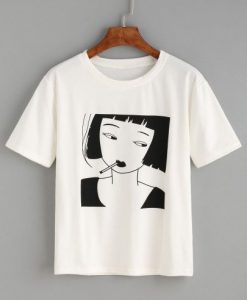 T-shirt motif fille de fumer - blanc KH01