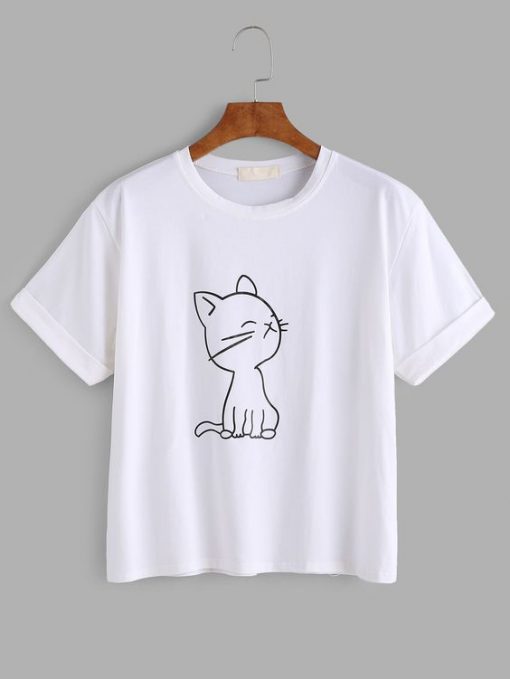 Cat Print Cuffed T-shirt FD01