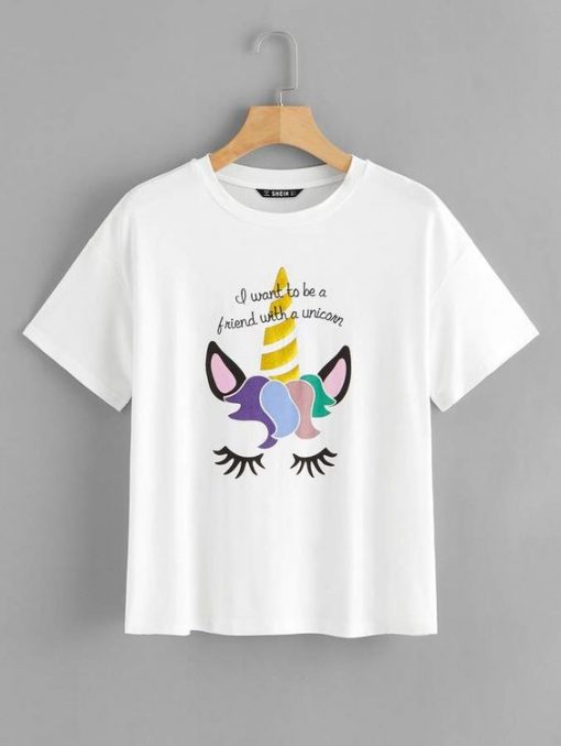 Unicorn & Slogan Print T Shirt SR01