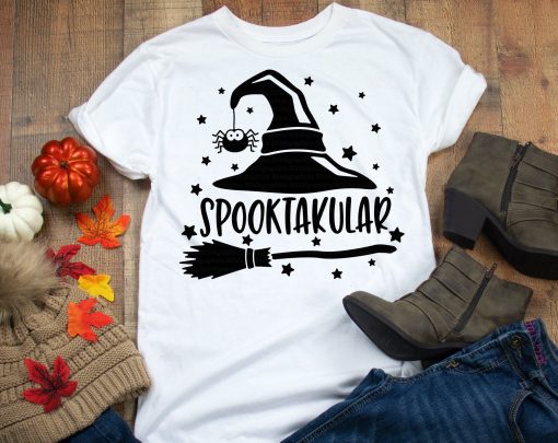 Spooktacular Witch Broom Hat T-Shirt AL