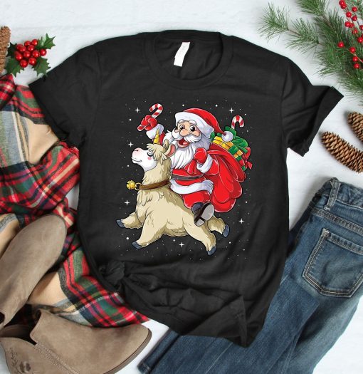 Santa Riding Llama Christmas T-Shirt AL